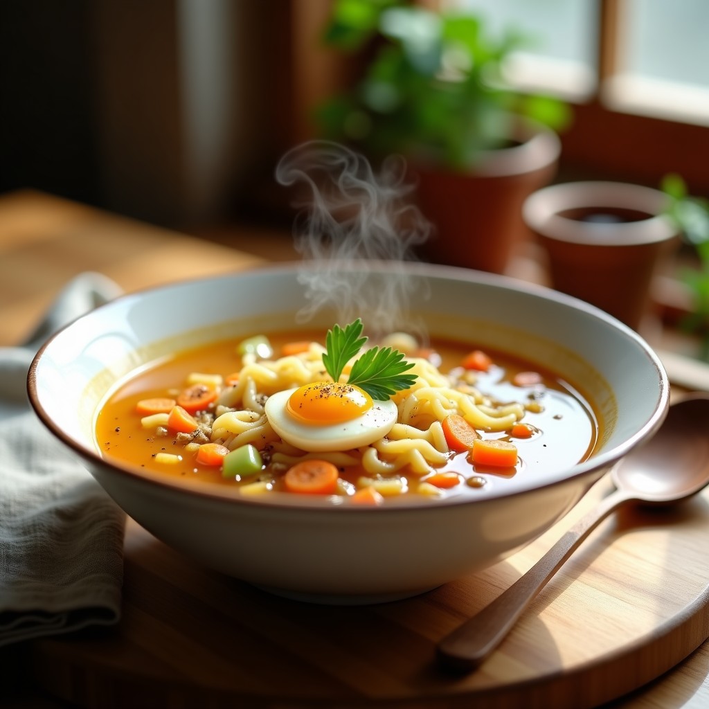 Plato hondo de cerámica blanca con sopa de fideo cabello de ángel en caldo de huesos dorado, decorada con yema de huevo líquida, perejil fresco y un toque de pimienta negra. Fondo rústico con servilleta de lino y cuchara de madera.