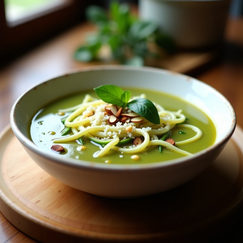Plato hondo de cerámica blanca con sopa de fideo de calabacín en juliana, hebras de huevo cuajado, queso pecorino rallado y hojas de albahaca fresca. Almendras fileteadas tostadas en la superficie. Fondos borrosos de cocina rústica.