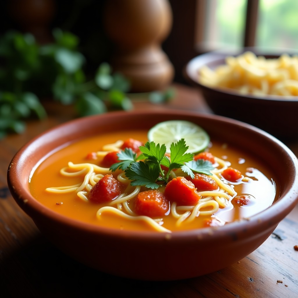 Plato hondo de cerámica blanca con sopa de fideo keto, caldo de huesos dorado y trozos de jitomate asado. Fideos de konjac translúcidos, cilantro fresco picado y rodaja de limón al lado. Fondos borrosos de cocina rústica.