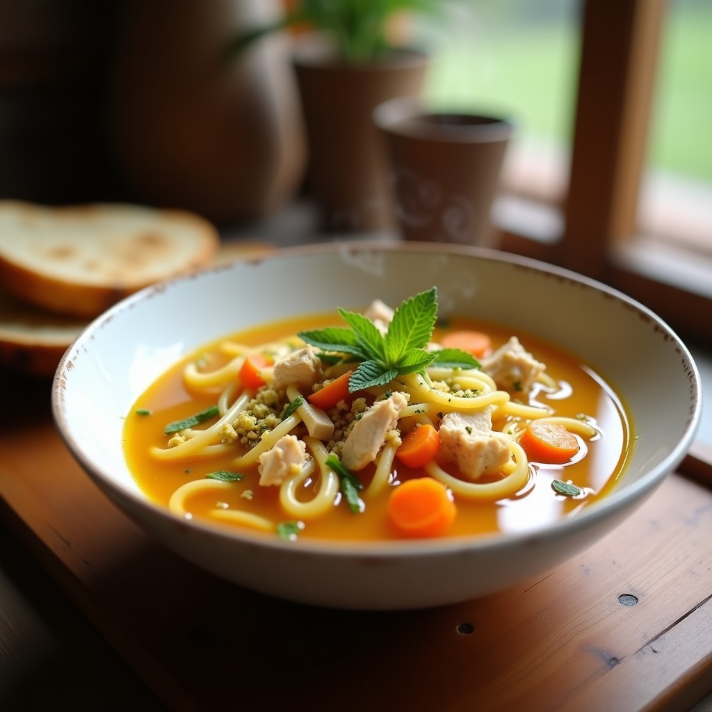 Cuenco hondo de cerámica blanca con sopa de fideo con pollo y azafrán, decorada con yogur griego y hojas de hierbabuena fresca. Los fideos dorados por el azafrán flotan en un caldo aromático con trozos de pollo, zanahoria y apio. Fondo rústico con pan persa y especias al lado.