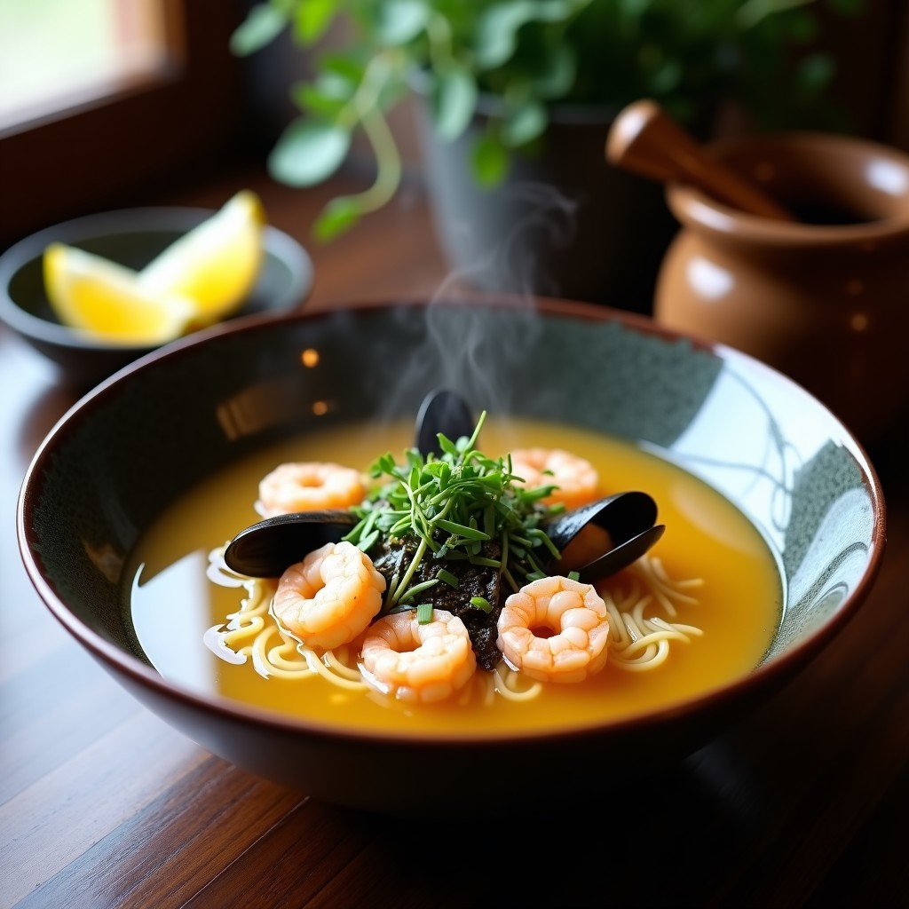 Cuenco hondo de cerámica japonesa con sopa de fideo shirataki y mariscos, gambas y mejillones en caldo dorado, decorada con algas nori y cebollino fresco, receta baja en carbohidratos en Thermomix.