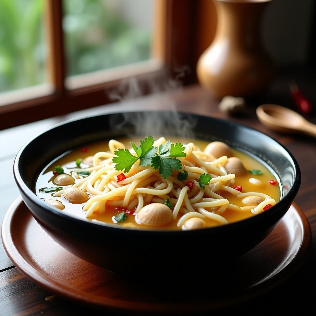 Cuenco hondo de cerámica negra con sopa humeante de fideos de arroz blancos, almejas abiertas, caldo dorado espeso y decoración de cilantro y cebollino verde. Fondos borrosos de especias chinas y chile Sichuan en polvo sobre mesa de madera oscura. Receta de sopa de fideos de arroz y almejas en Airfryer con toque picante.