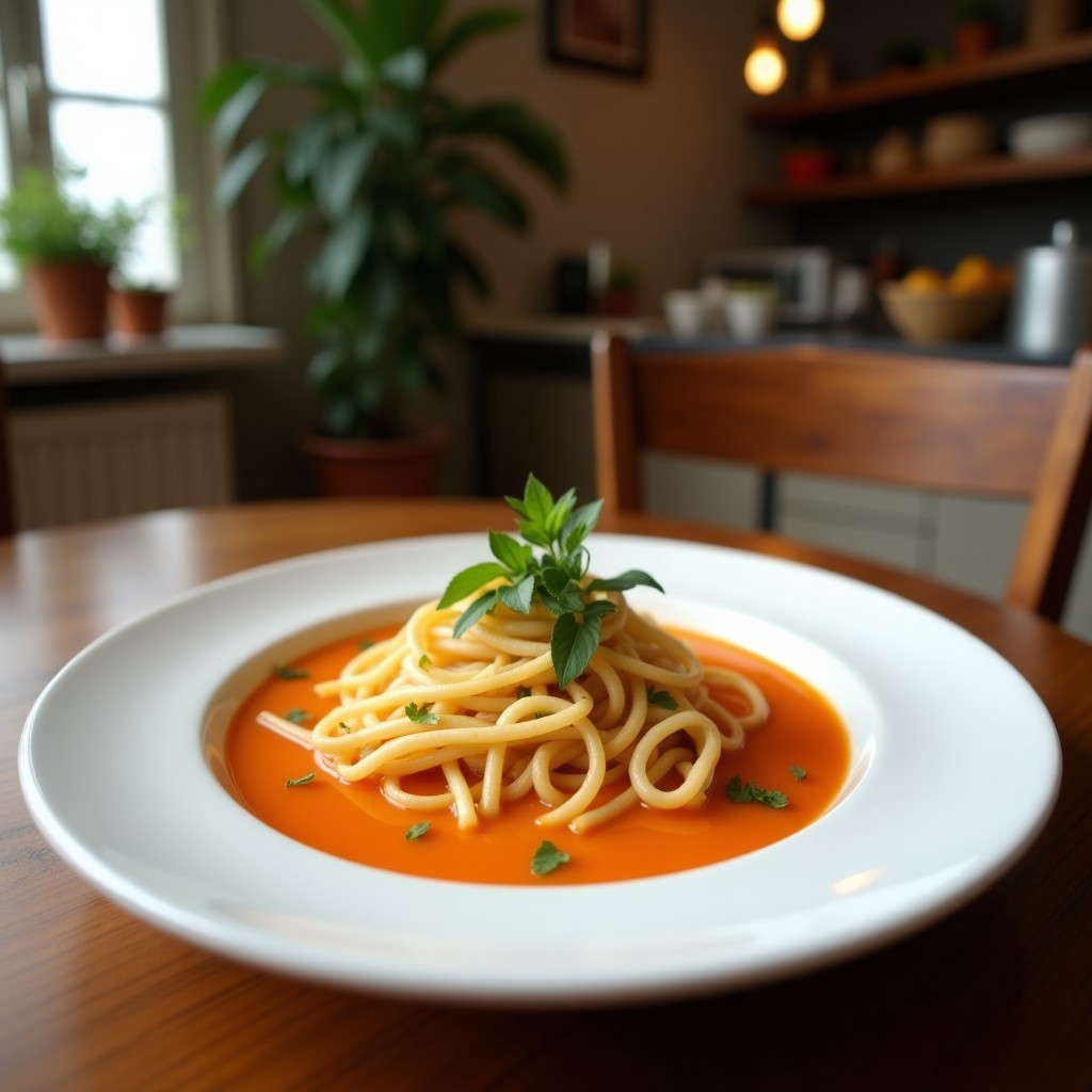 Cuenco hondo de cerámica negra con sopa tailandesa de fideos de arroz finos, brotes de soja crujientes, rodajas de jengibre y cilantro fresco. Decorada con semillas de sésamo y chile rojo en rodajas sobre fondo de madera oscura.