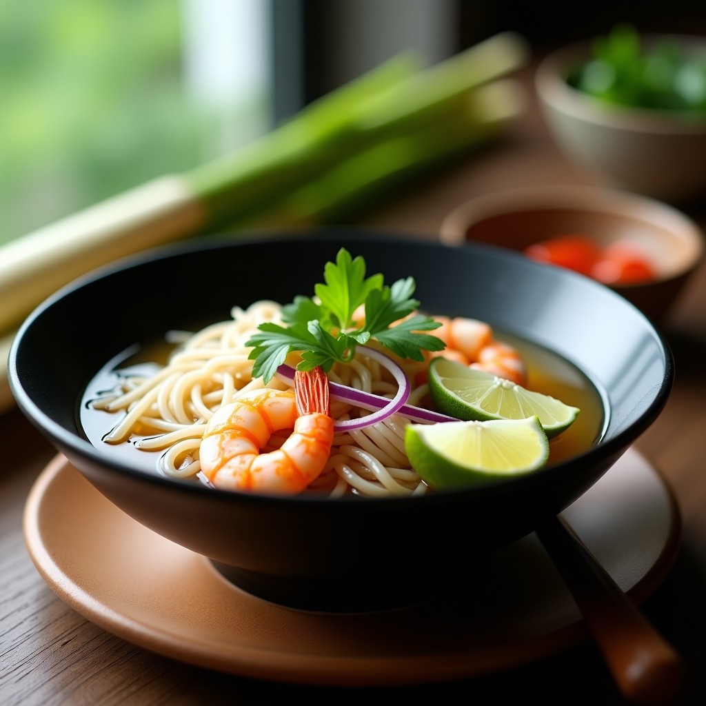 Cuenco hondo de cerámica blanca con sopa de fideos de arroz finos, gambas rosadas, rodajas de limón, cebolla morada y cilantro fresco, sobre fondo de madera rústica. Receta tailandesa baja en calorías.