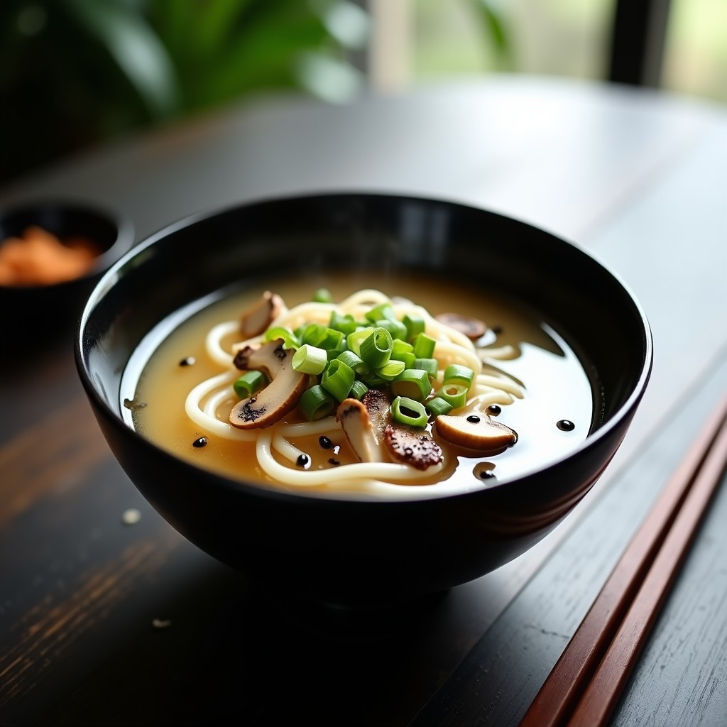 Cuenco de cerámica negra con sopa humeante de fideos de arroz finos, hongos shiitake en láminas, trozos de jengibre y cilantro fresco, sobre fondo de madera oscura con cucharón de bambú.