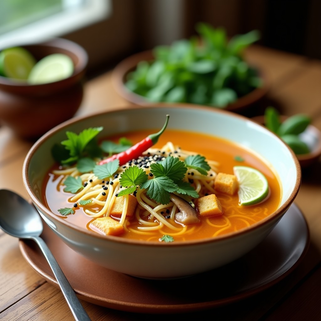 Cuenco hondo de cerámica blanca con sopa vietnamita vegana de fideos de arroz, caldo dorado con trozos de champiñones shiitake, brotes de soja y cilantro fresco. Decorado con rodajas de lima y limoncillo al lado, sobre una mesa de madera rústica.
