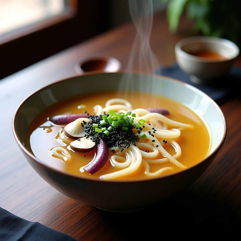Cuenco de cerámica blanca con sopa de fideos de arroz transparentes, caldo misoshiro cremoso, trozos de tofu ahumado dorado, algas wakame verdes y semillas de sésamo negro. Decorado con cebollino fresco y un gajo de limón al lado, sobre una mesa de madera rústica con fondo desenfocado.