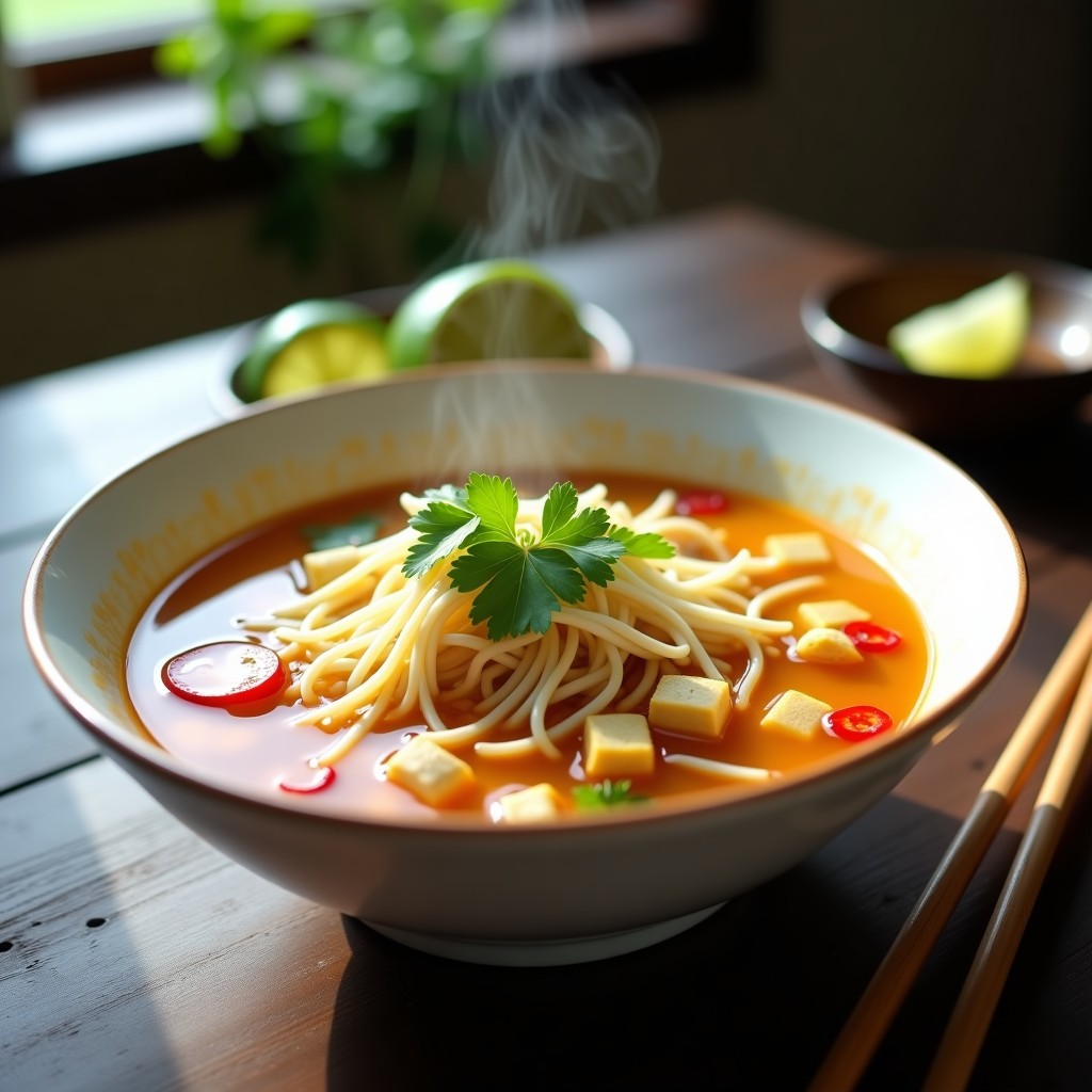 Cuenco hondo de cerámica blanca con sopa tailandesa de fideos de arroz finos, tiras de tofu dorado, brotes de soja, cilantro fresco y rodajas de chile rojo. Caldo aromático con tonos dorados y burbujas de jengibre. Plato sobre fondo de madera oscura con utensilios de bambú.