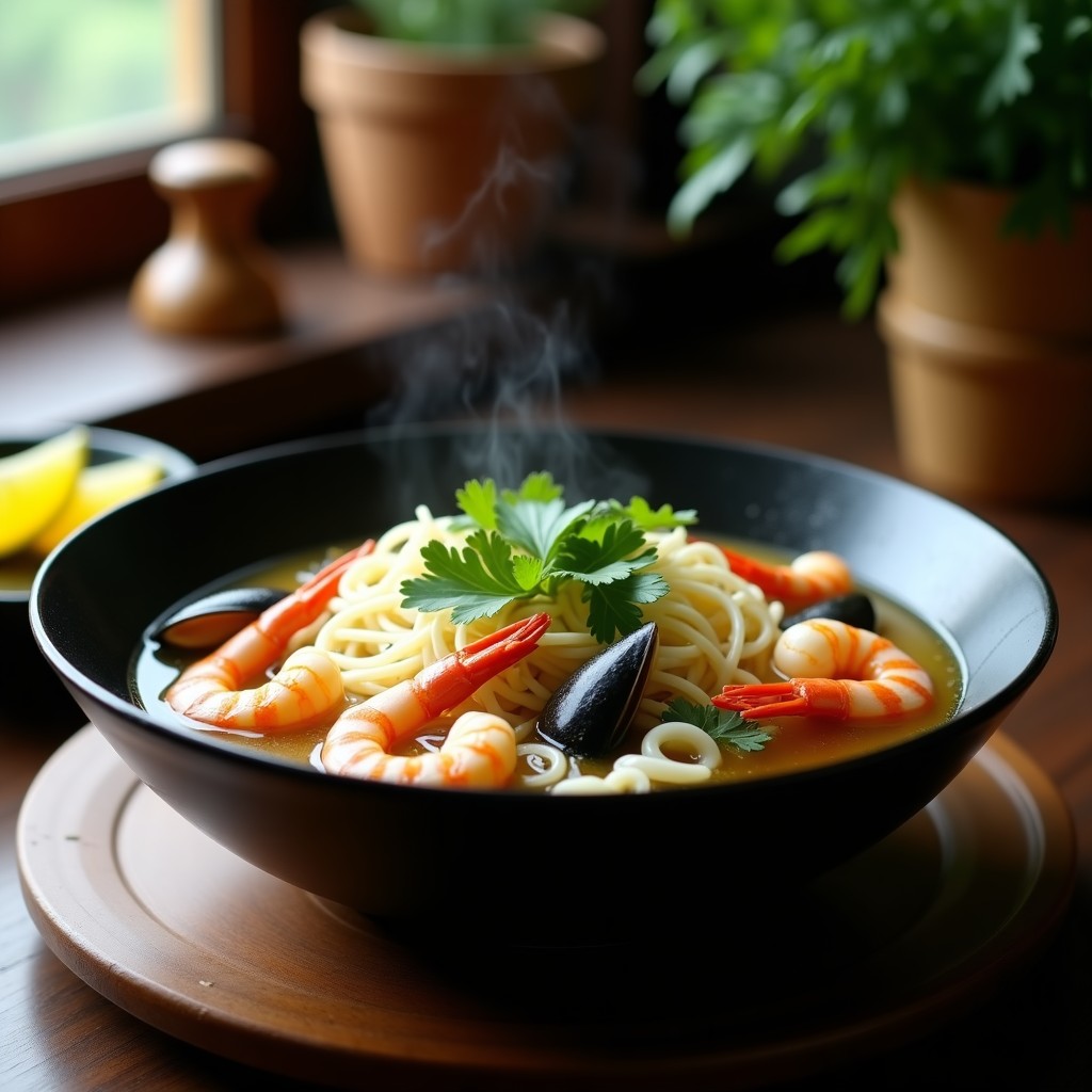 Cuenco negro de cerámica con sopa malasia de fideos de arroz finos, gambas rosadas, mejillones abiertos y brotes de soja, bañados en un caldo dorado con hojas de kaffir y lemongrass. Decorado con cilantro fresco y rodajas de lima, sobre fondo de madera oscura.