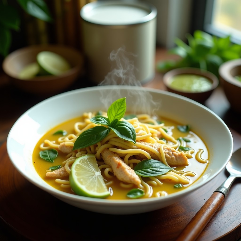 Bowl hondo de cerámica blanca con sopa tailandesa de fideos de arroz y pollo al curry verde, decorada con hojas de albahaca fresca, rodajas de limón y chiles verdes. Fondo borroso con ingredientes como leche de coco y hierbas tailandesas.