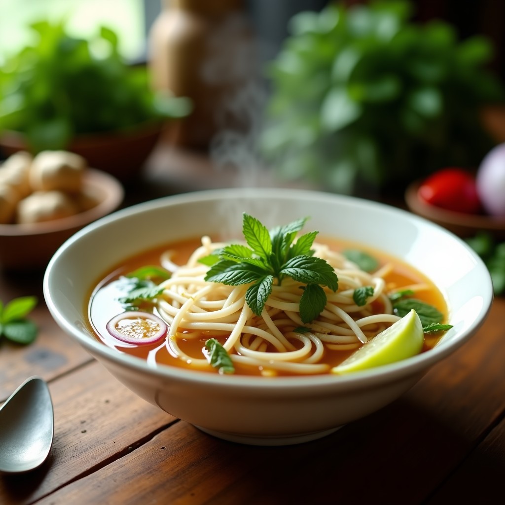 Bol hondo de cerámica blanca con sopa de fideos de arroz planos, tiras de pollo, rodajas de zanahoria y cebolla morada, bañados en un caldo dorado aromático. Decorado con hojas de cilantro vietnamita, menta fresca, brotes de soja y una cuña de lima al lado. Receta pho rápida con hierbas vietnamitas.