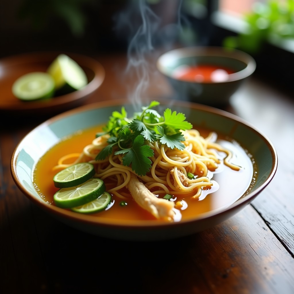 Cuenco hondo de cerámica blanca con sopa de fideos de arroz con pollo desmenuzado, lemongrass, cebollino y cilantro fresco, sobre fondo de madera oscura con rodajas de limón kaffir al lado. Receta vietnamita en olla exprés.