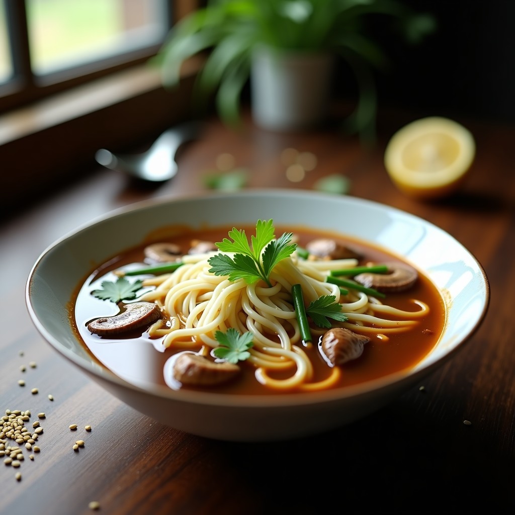 Cuenco hondo de cerámica negra con sopa humeante de fideos de arroz blancos, láminas doradas de setas shiitake, brotes de espárrago triguero y cilantro fresco. Decorado con un chorrito de aceite de sésamo y rodajas de limón al lado. Receta china vegana en Thermomix.