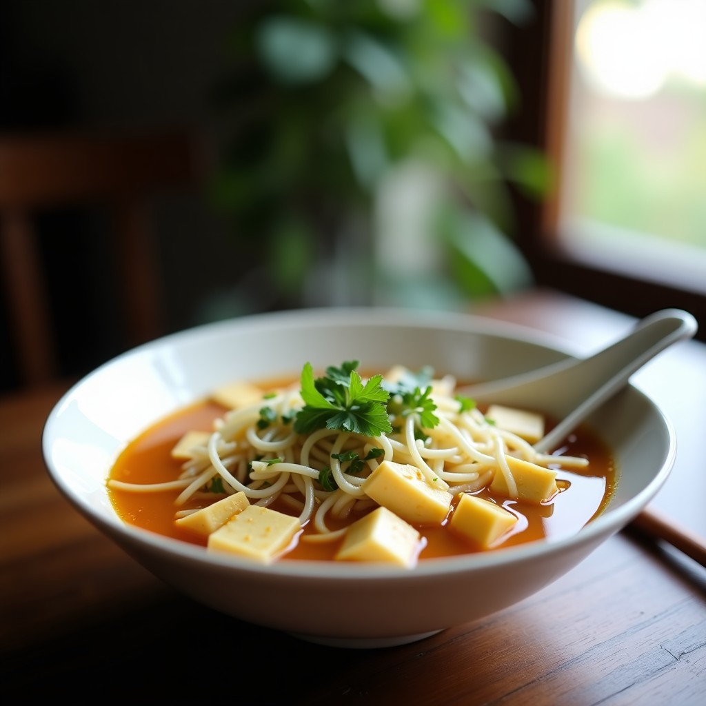 Cuenco hondo de cerámica blanca con sopa china de fideos de arroz finos, cubos de tofu sedoso, brotes de soja frescos y cilantro picado, servida con caldo dorado y aromático.
