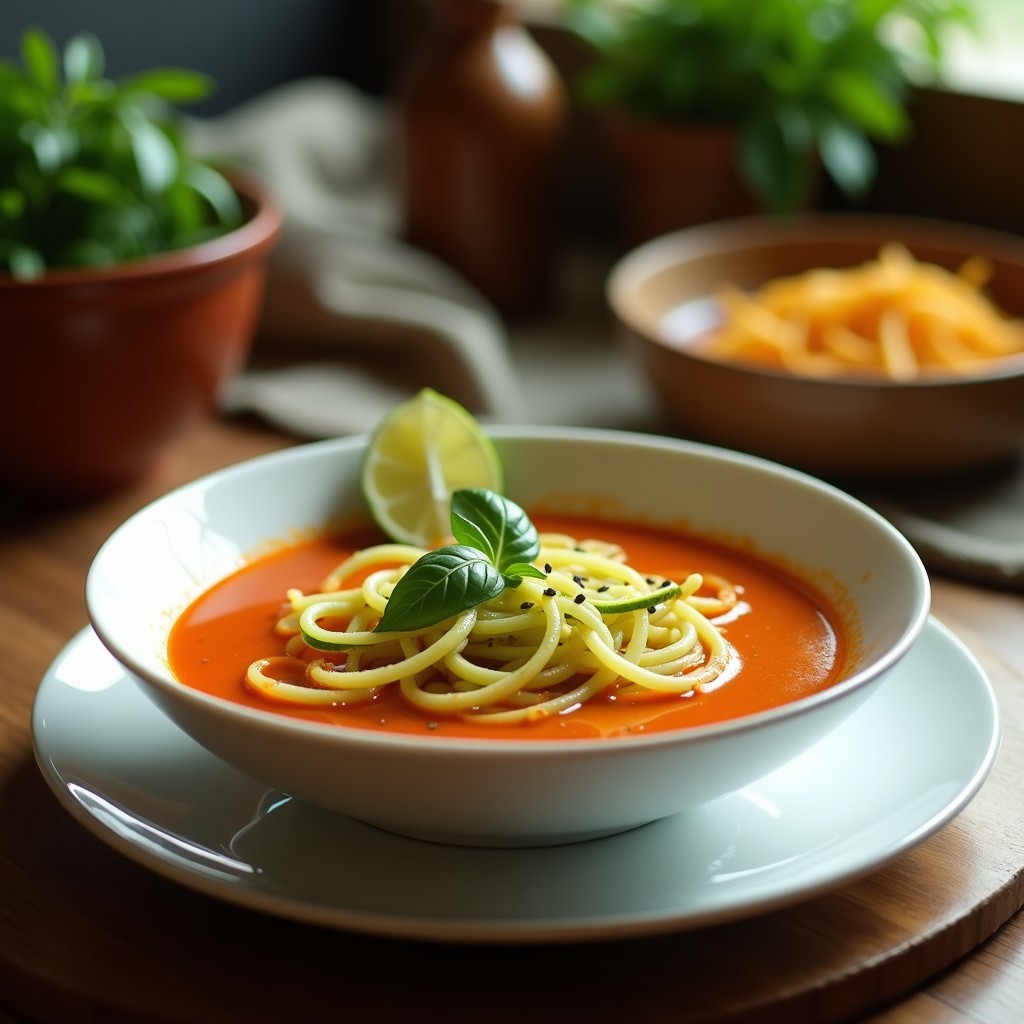 Cuenco hondo de cerámica oscura con sopa de fideos de calabacín espiralizados bañados en un caldo rojo intenso de curry tailandés, decorado con cilantro fresco, semillas de sésamo y rodajas de lima. Fondo borroso de cocina con ingredientes como leche de coco y pasta de curry.