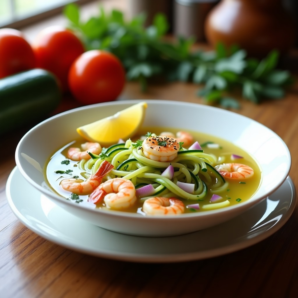 Sopa de Fideos de Calabacín y Gambas: Receta Baja en Calorías con Toque de Limón