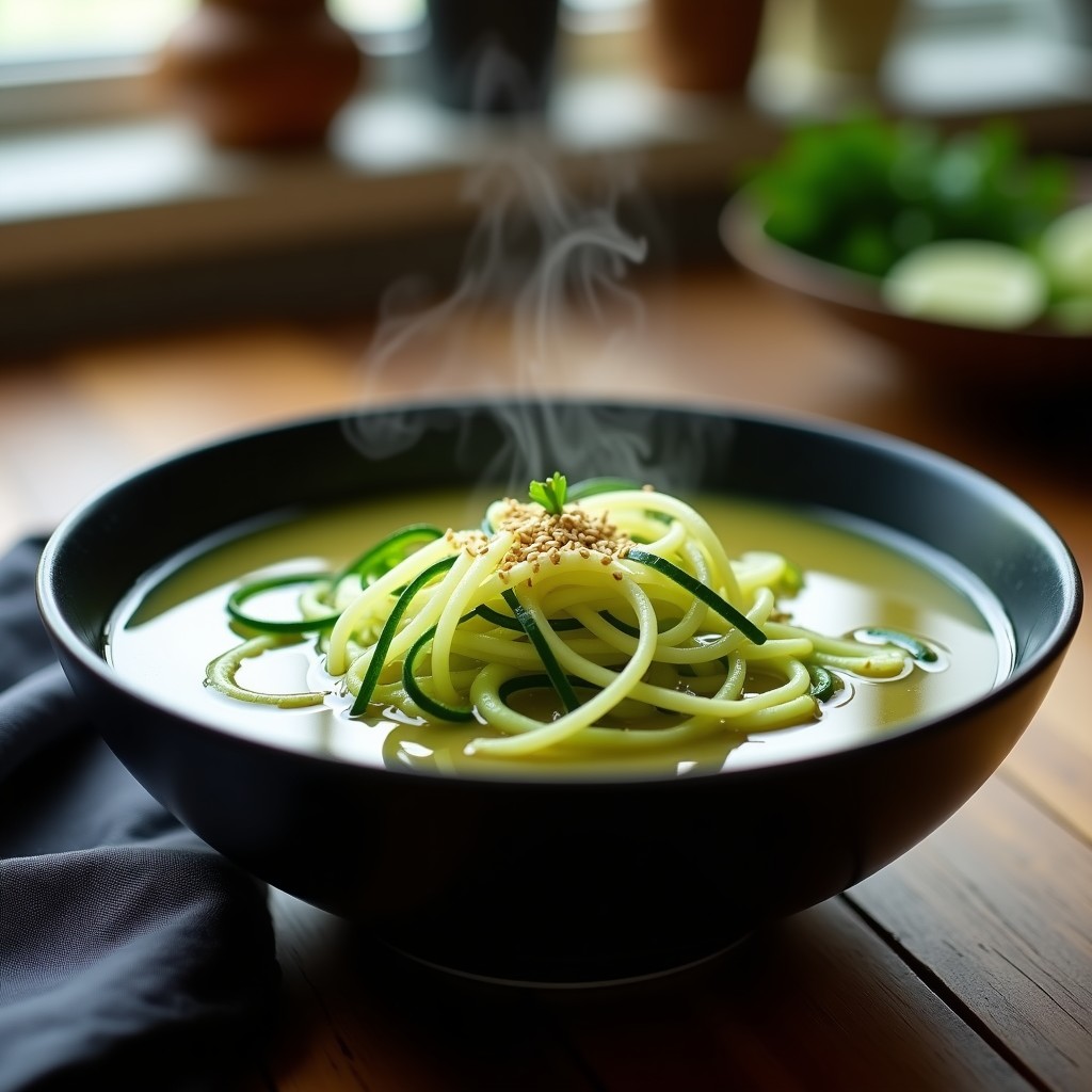 Sopa humeante de fideos de calabacín verde brillante y jengibre en un bowl negro, decorada con semillas de sésamo, cebollino picado y un toque de pimienta de Sichuan. Plato keto sin lácteos con fondo de madera rústica.