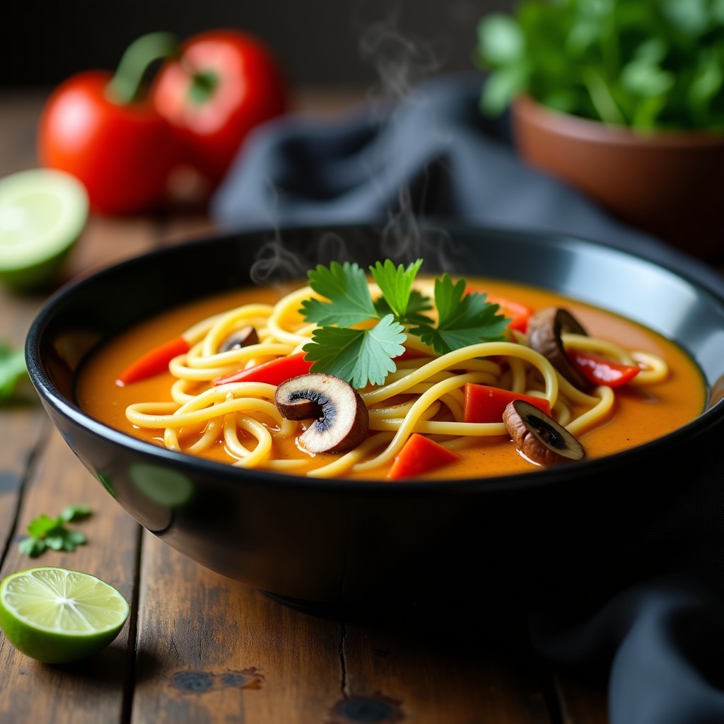 Cuenco hondo de cerámica blanca con sopa de fideos de calabacín y jengibre vegana, decorada con hierba limón, cilantro fresco y semillas de sésamo tostadas. Fondo borroso de cocina tailandesa con especias y limas.