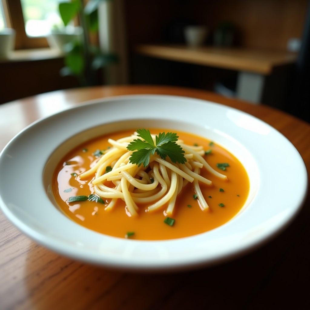 Cuenco hondo de cerámica negra con sopa de fideos de calabacín y lemongrass, caldo cremoso de coco, tofu ahumado dorado, cilantro fresco y semillas de sésamo. Plato vegano tailandés con toque cítrico, servido con rodaja de limón al lado.