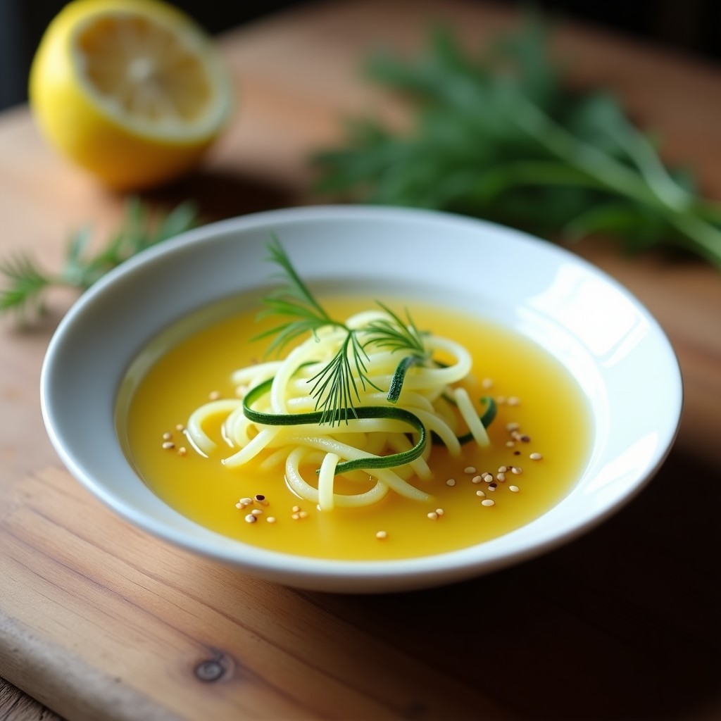 Cuenco hondo de cerámica blanca con sopa de fideos de calabacín y limón, decorada con semillas de sésamo tostadas y hojas de eneldo fresco. El caldo es claro con tonos dorados, y los fideos de calabacín se ven finos y al dente. Al fondo, un limón cortado por la mitad y una ramita de eneldo. Receta sin gluten con toque siberiano.