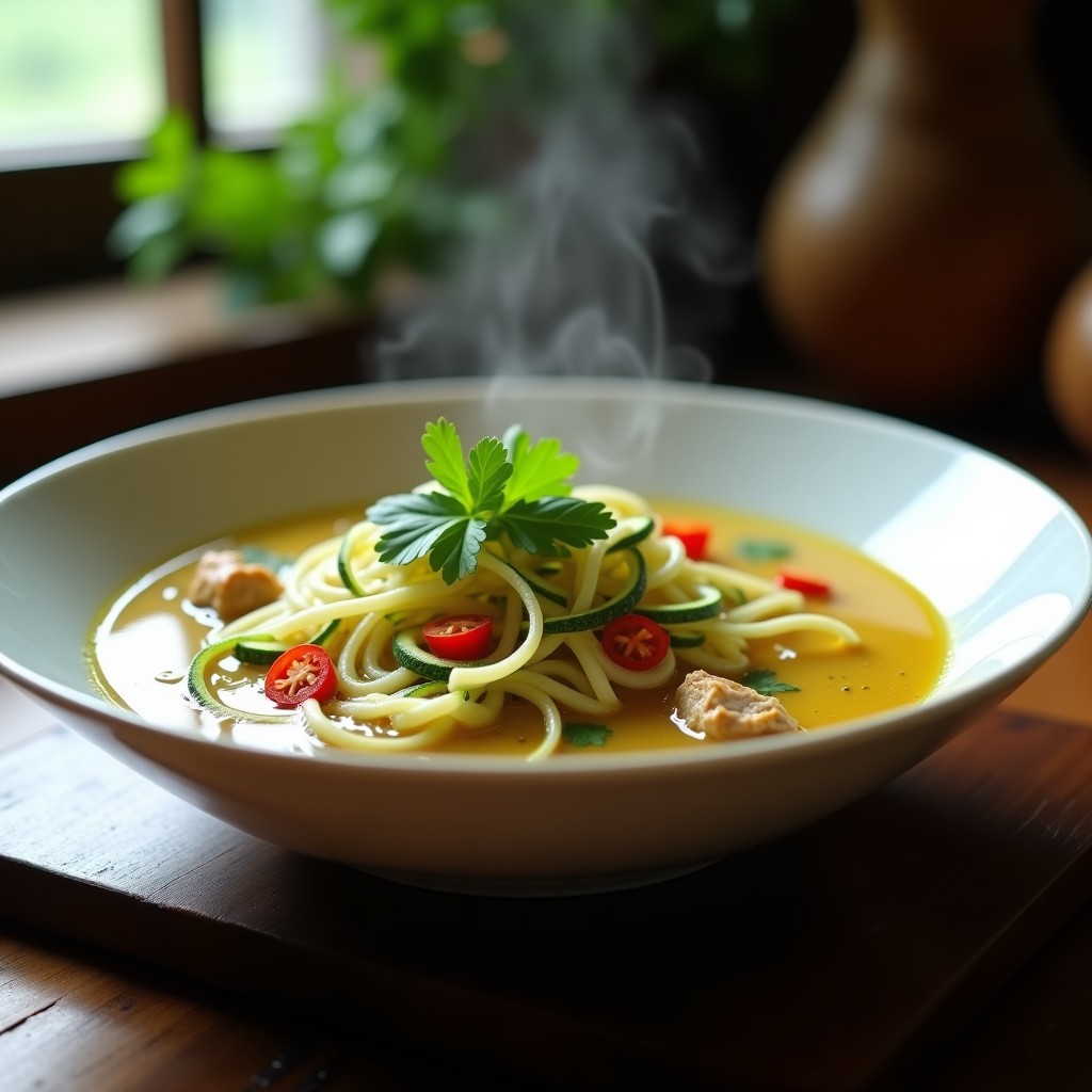 Cuenco hondo de cerámica blanca con sopa tailandesa de fideos de calabacín y pollo al citronela, decorada con cilantro fresco, rodajas de limón y brotes de soja, sobre fondo de madera rústica.