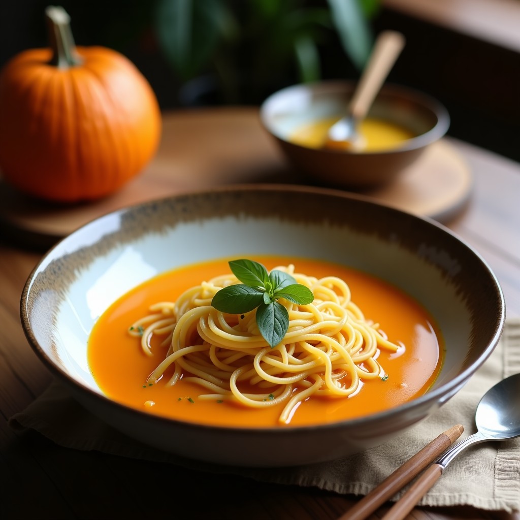 Cuenco hondo de cerámica blanca con sopa cremosa de calabaza y jengibre, fideos de arroz, virutas de coco tostadas y cilantro fresco, servida con rodaja de limón al lado. Receta birmana en olla exprés.