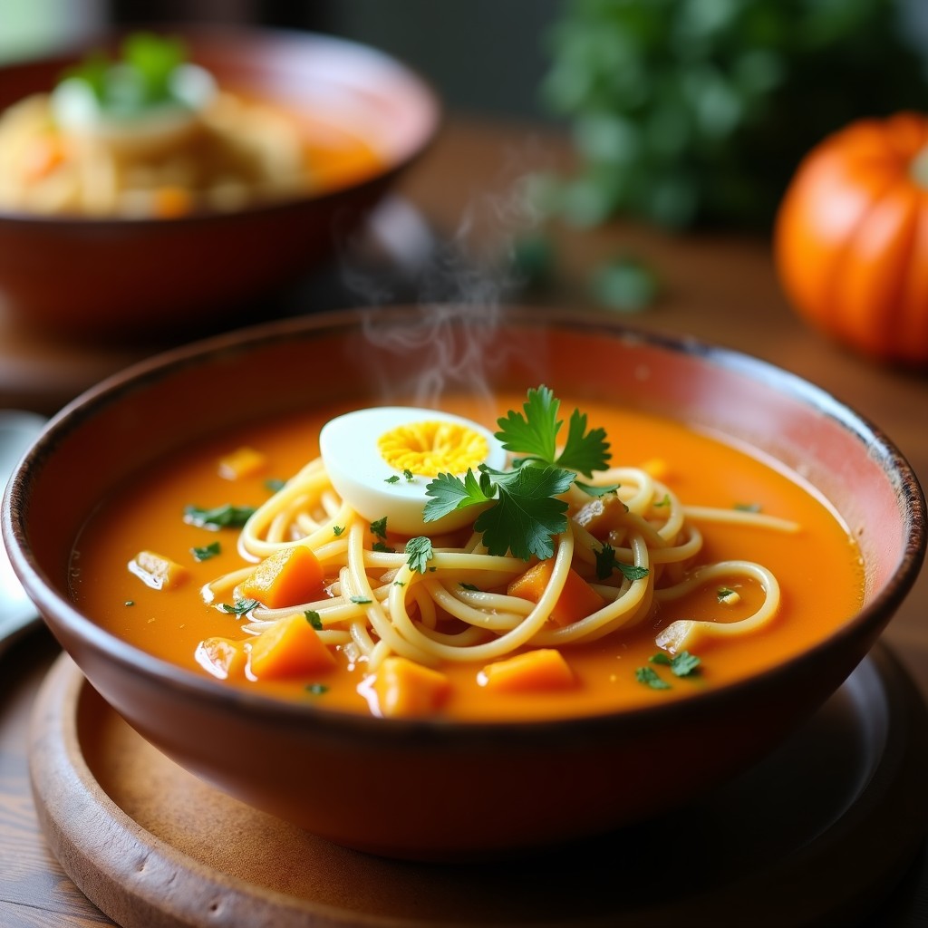 Plato hondo de barro con sopa de fideos de calabaza y pollo desmenuzado, decorado con huevo duro picado y cilantro fresco. Receta peruana en olla exprés con caldo dorado y textura cremosa.