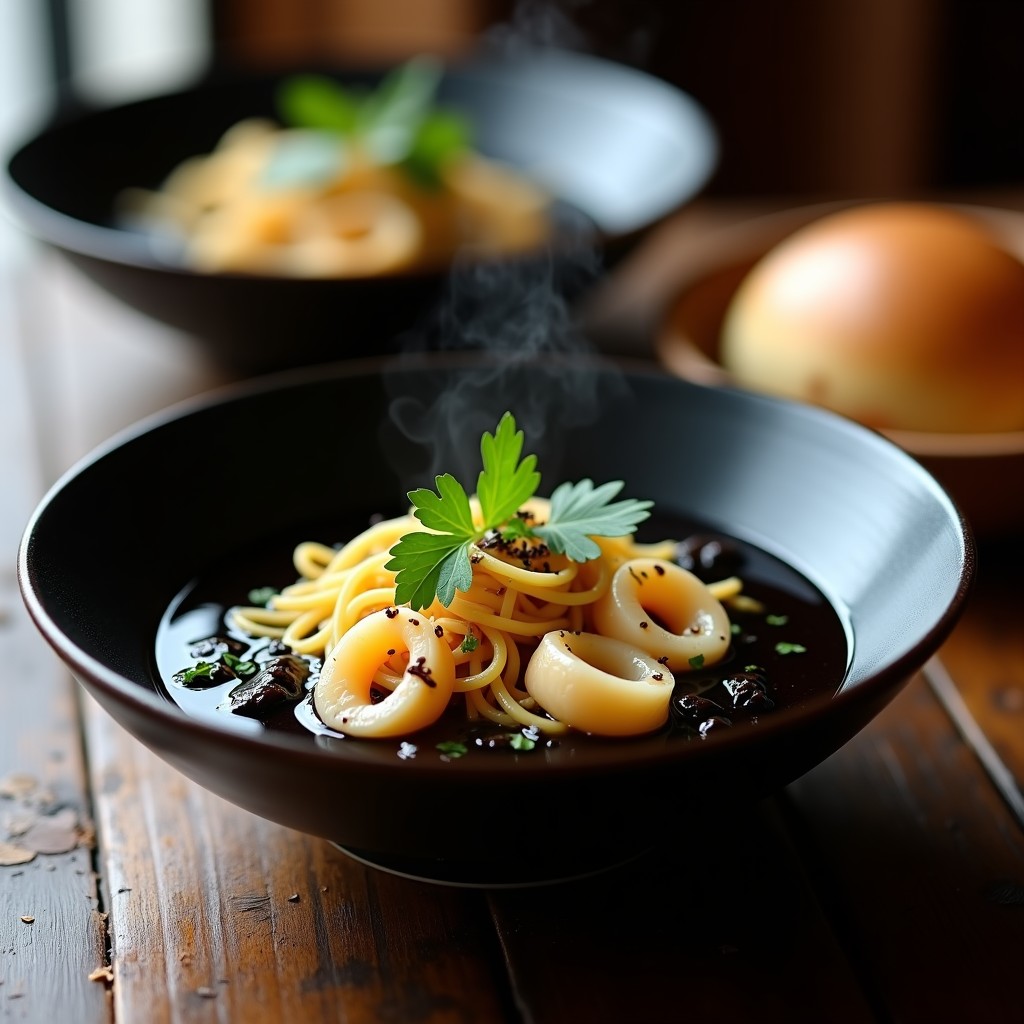 Cuenco hondo de cerámica negra con sopa de fideos de calamar con tinta de sepia, color intenso negro azulado, decorada con tentáculos de calamar, perejil fresco y gajos de limón. Fondo rústico de madera oscura con pan tostado al lado.