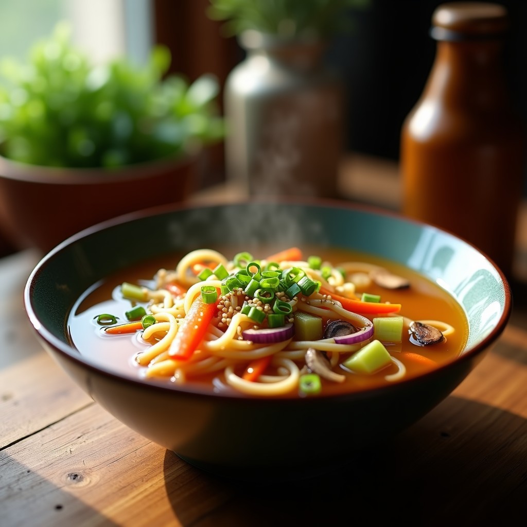 Plato hondo de cerámica blanca con sopa de fideos shirataki transparentes, trozos de pollo, juliana de zanahoria, apio y hilos de huevo, bañados en un caldo dorado de huesos. Decorado con cilantro fresco y pimienta negra, sobre una mesa de madera rústica con luz natural.