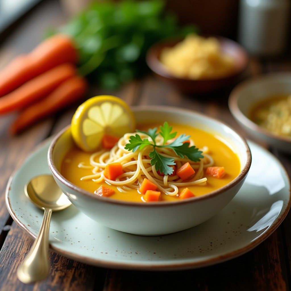 Cuenco de cerámica blanca con sopa de fideos de judías mungo de color amarillo claro, jengibre rallado, cilantro fresco picado y rodajas de limón. Fondo con especias indias y hojas de curry, receta ayurvédica para el sistema inmune.