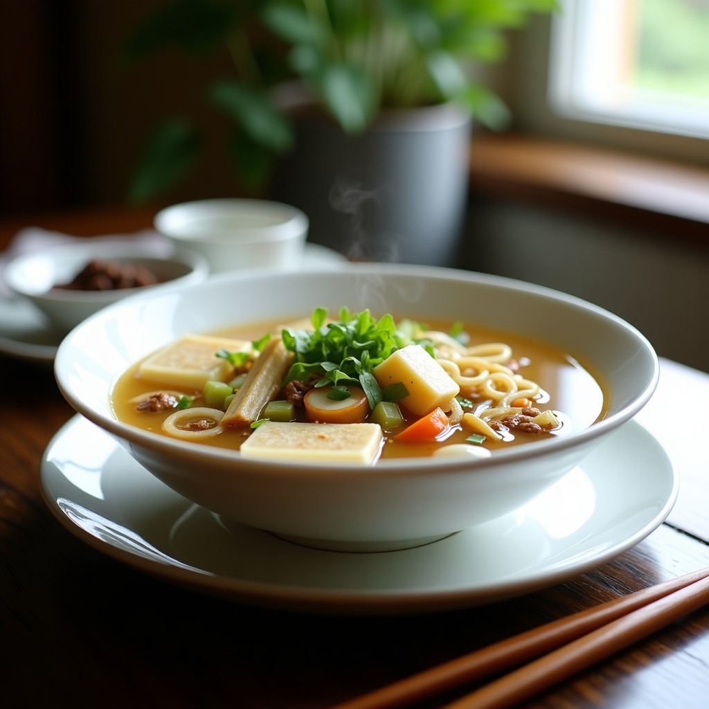 Bowl blanco hondo con sopa humeante de fideos de konjac transparentes, tofu ahumado dorado en cubos, brotes de bambú, apio chino y champiñones enoki, decorado con cebollino fresco y pimienta de Sichuan. Receta keto y sin gluten en olla exprés.