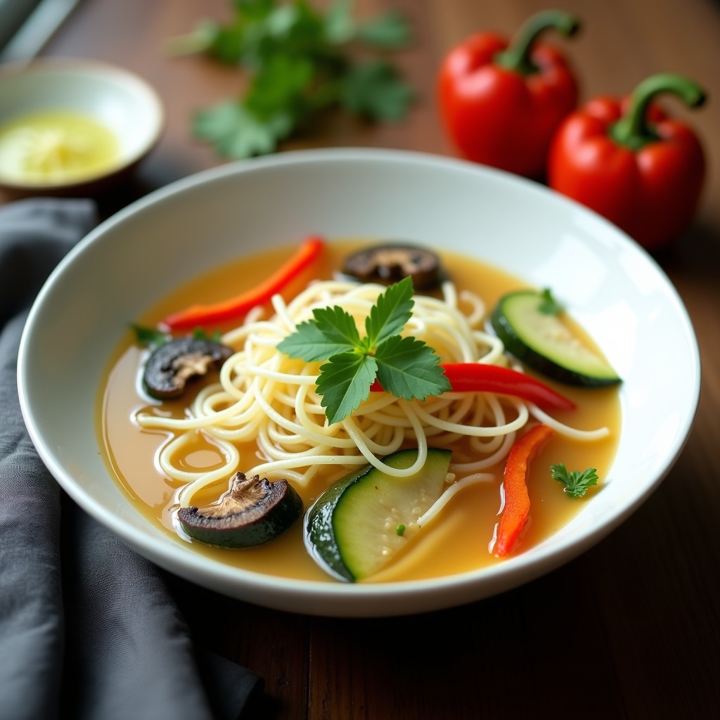 Bol de cerámica blanca con sopa humeante de fideos de konjac translúcidos, verduras coloridas en juliana, alga wakame y cilantro fresco, servida en recipiente apto para airfryer.