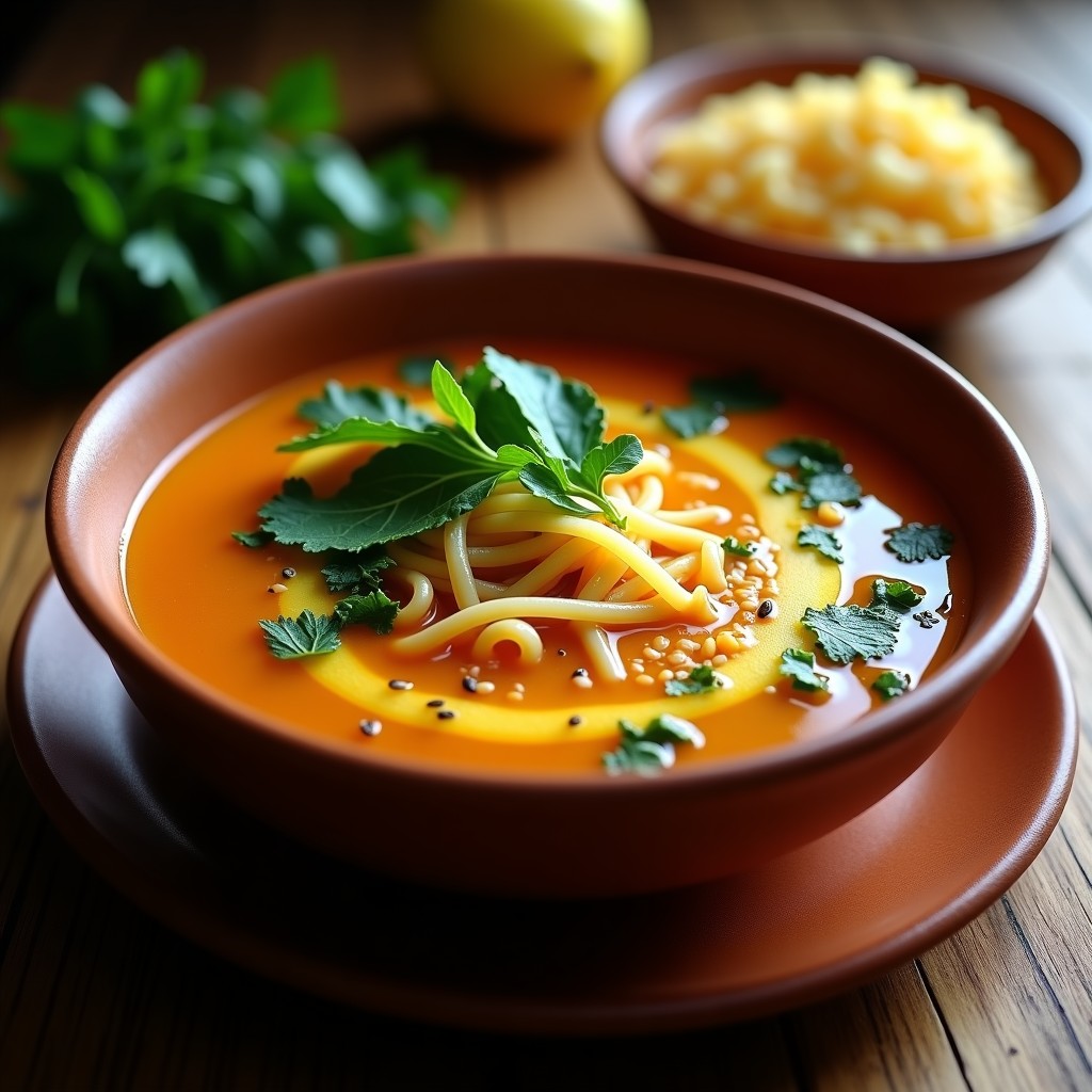 Sopa egipcia humeante en un bol de barro con fideos de lenteja, espinacas verdes vibrantes y un chorrito de limón amarillo. Decorada con perejil fresco y semillas de sésamo tostadas sobre fondo rústico.