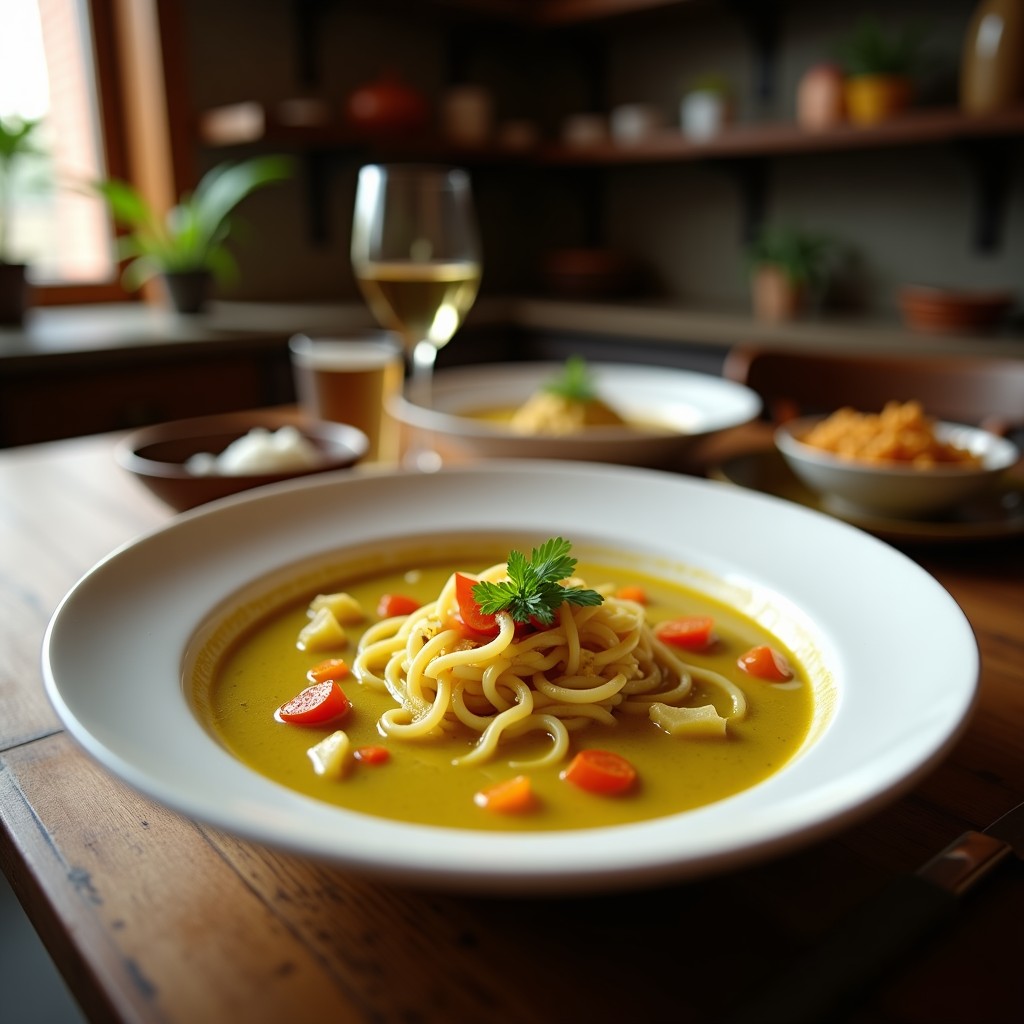 Cuenco hondo de cerámica blanca con sopa de fideos de lenteja roja y curry verde tailandés, decorada con cilantro fresco, semillas de sésamo y rodajas de lima. Fondo de madera oscura con especias tailandesas al lado.