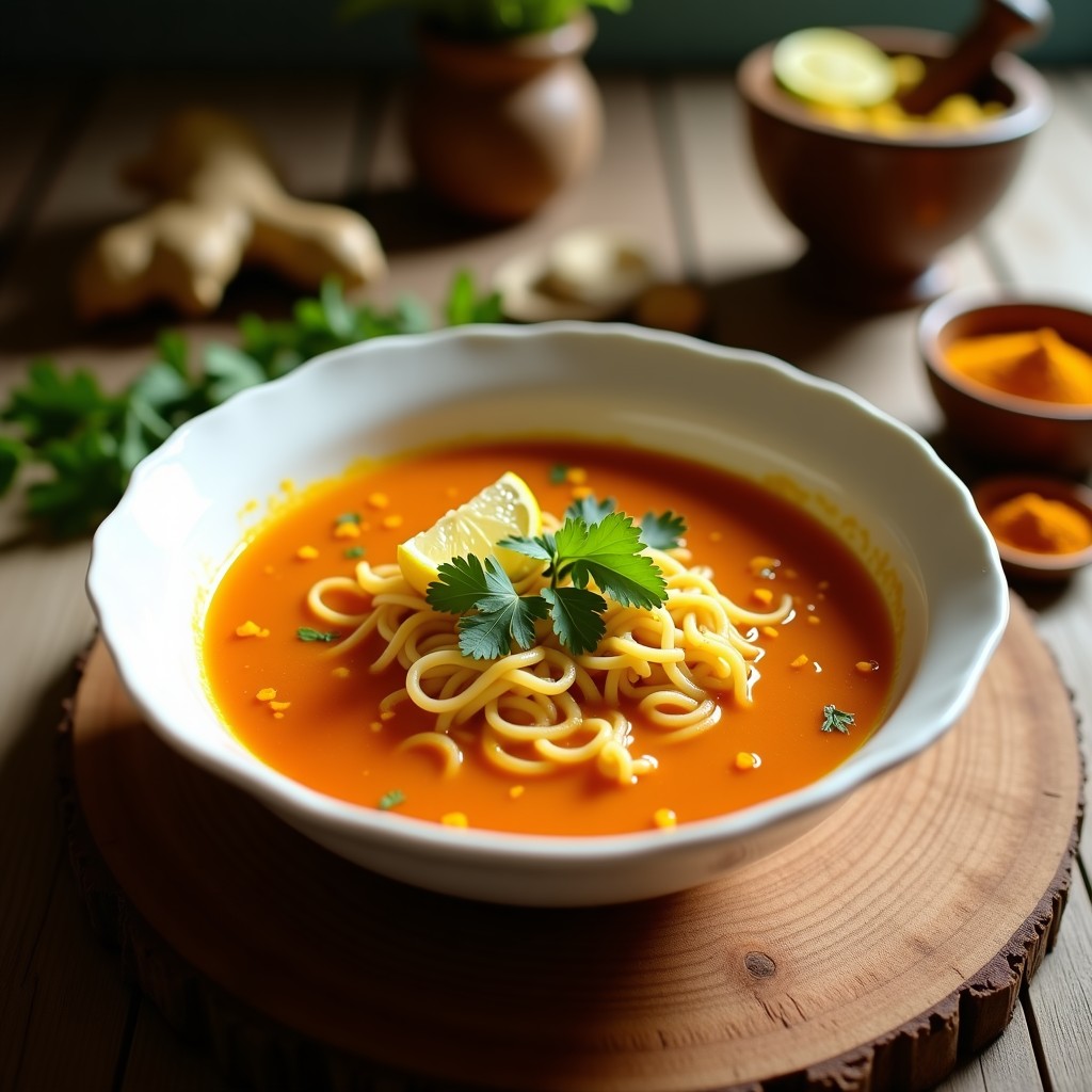 Plato hondo de cerámica blanca con sopa espesa de lentejas rojas, fideos finos, trozos de zanahoria y cebolla, decorada con cilantro fresco y una rodaja de limón. Receta india detox de sopa de fideos de lenteja roja con jengibre y limón.