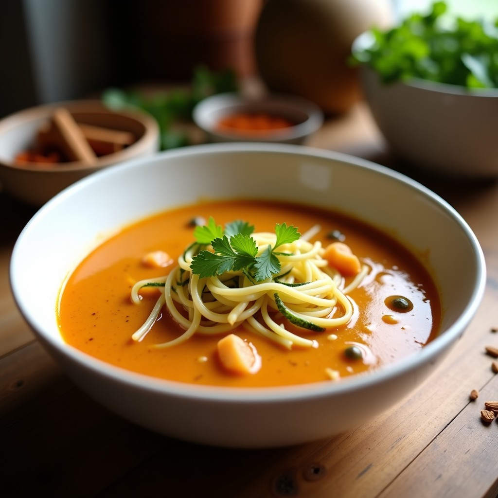 Sopa persa de fideos de lentejas rojas y calabacín en bol de cerámica blanca, decorada con perejil fresco y un hilo de aceite de oliva, sobre fondo rústico de madera con especias al lado.