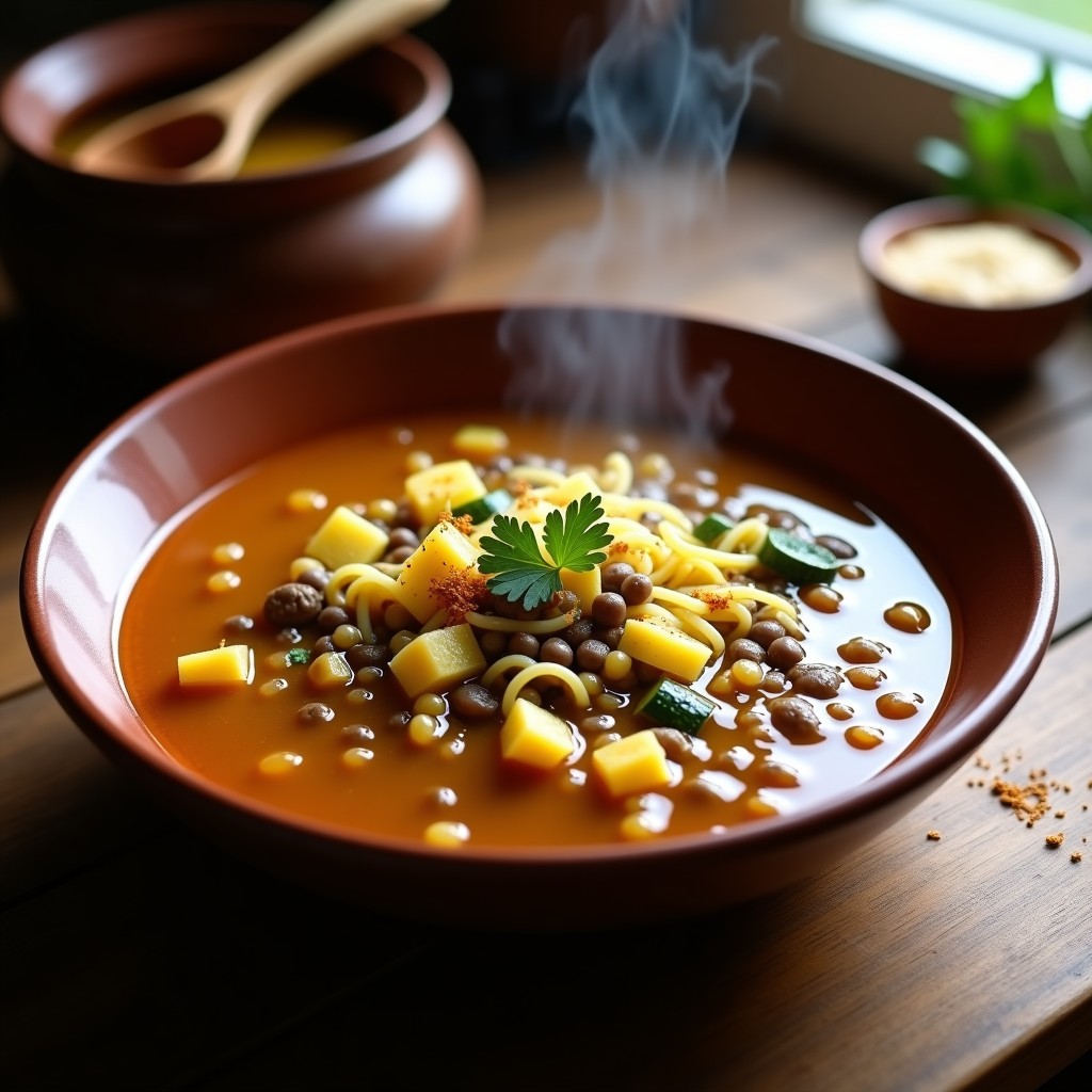 Plato hondo de barro rústico con sopa espesa de lentejas rojas y tiras de calabacín verde simulando fideos, coronada con hebras de azafrán y hojas de cilantro fresco. Fondo de mesa de madera oscura con pan sin gluten tostado al lado.