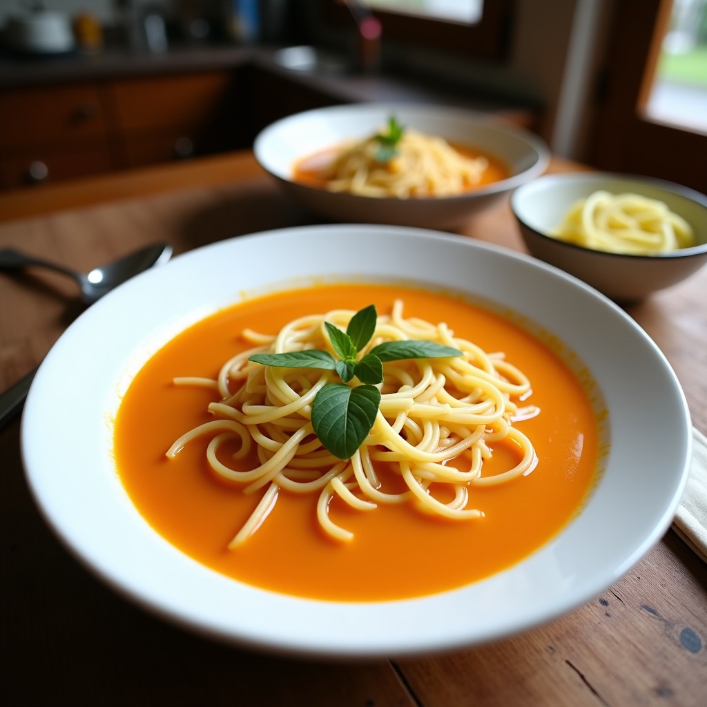 Cuenco hondo de cerámica negra con sopa de fideos de lentejas rojas, champiñones shiitake, cilantro fresco y semillas de sésamo negro, rodeado de hojas de limón kaffir y gajos de lima, sobre fondo de madera rústica. Receta tailandesa detox.