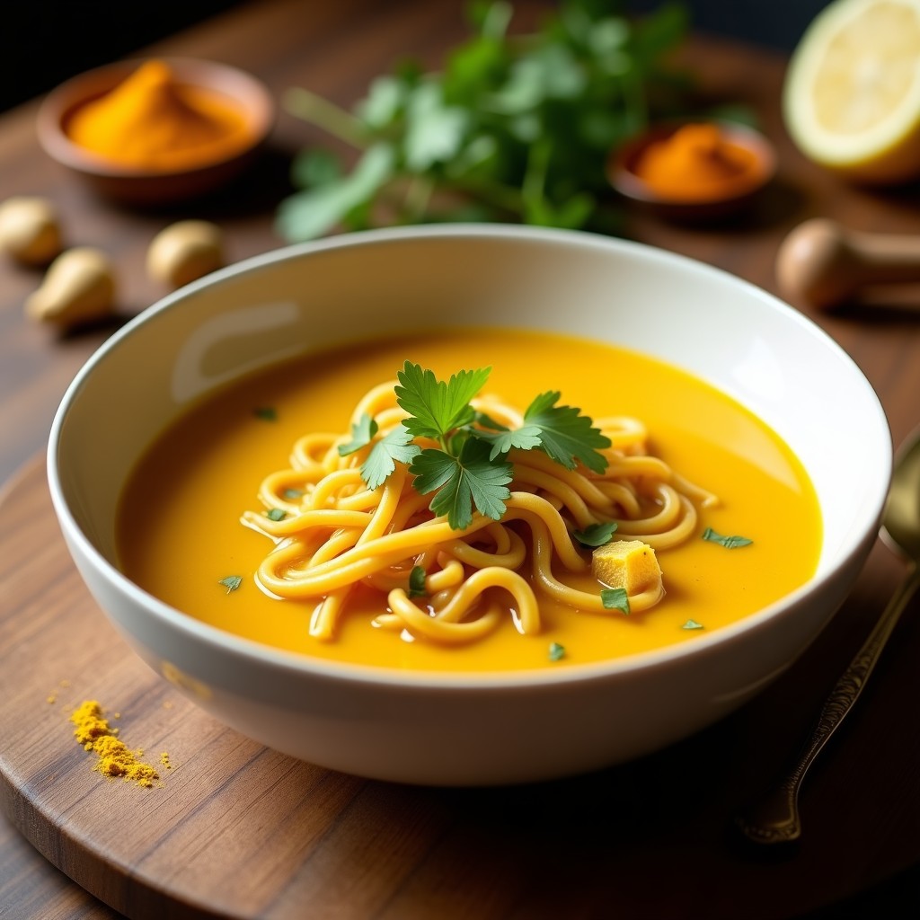 Cazuela de cerámica negra con sopa de fideos de lentejas rojas, trozos de pollo, rodajas de limón confitado y semillas de sésamo tostado. Fondos de jengibre fresco y hojas de cilantro como decoración. Receta keto y antiinflamatoria en Thermomix.