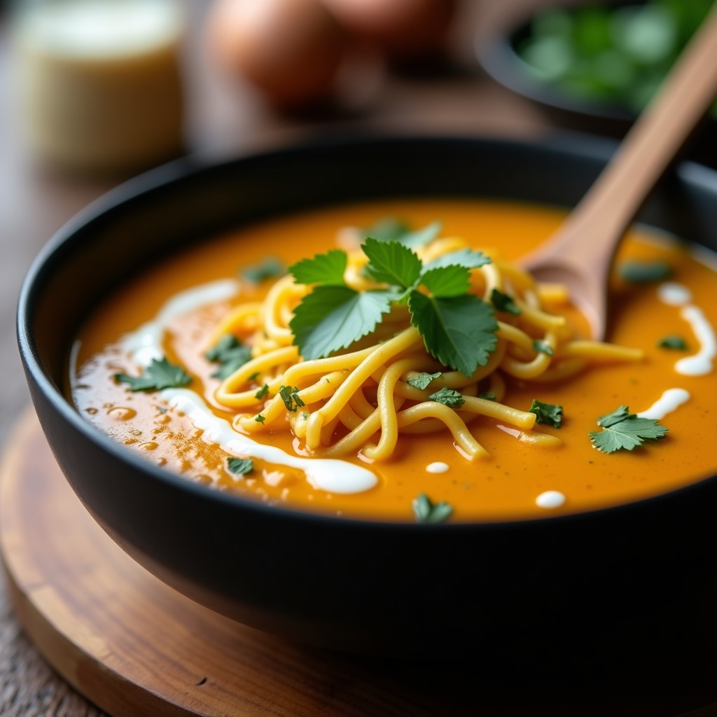 Plato hondo de cerámica blanca con sopa cremosa de lentejas rojas y fideos de konjac, espinacas verdes vibrante, cilantro fresco y semillas de sésamo tostadas. Fondos de especias indias como cúrcuma y comino. Receta keto en olla exprés.