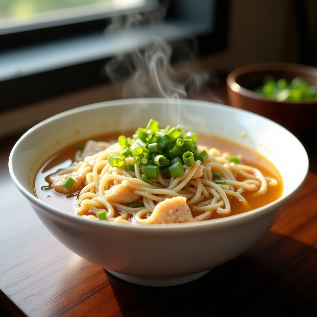Bowl de cerámica blanca con sopa de fideos de arroz, trozos de pollo desmenuzado, rodajas de jengibre y cebollino fresco, humeante sobre fondo de madera oscura.