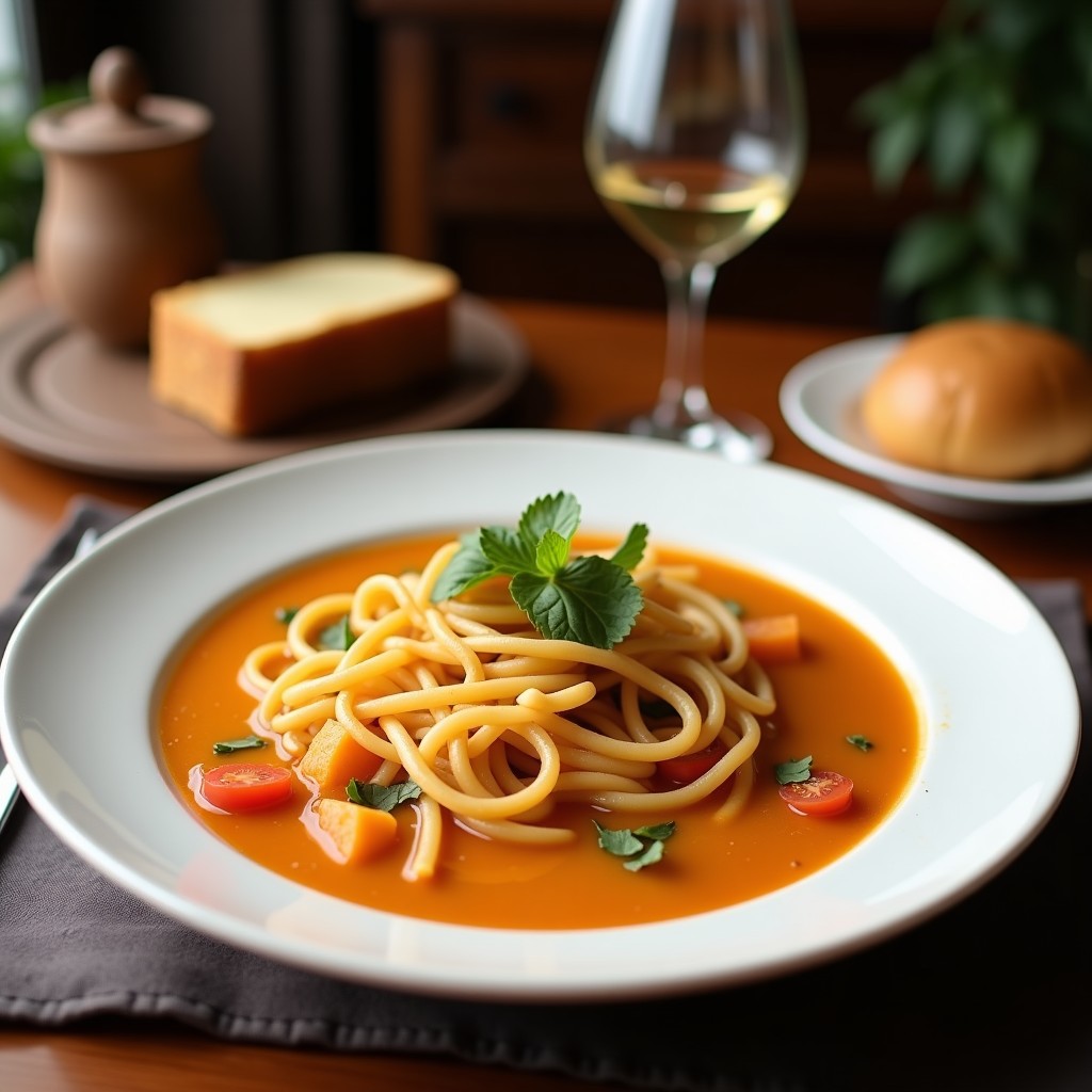 Cuenco hondo de porcelana blanca con sopa de fideos shakirat transparentes, trozos de pechuga de pollo, huevo de codorniz crudo, brotes de soja y hierbas frescas, bañados en un caldo dorado aromatizado con jengibre. Plato típico vietnamita reconfortante.