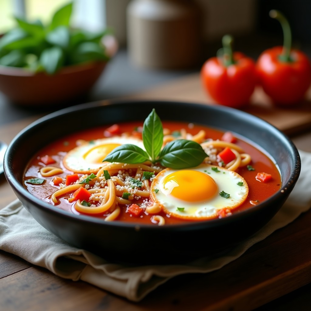 Cuenco hondo de cerámica blanca con sopa de fideos integrales en caldo rojo intenso de tomate, coronada con dos huevos pochados perfectos, albahaca fresca picada y queso Pecorino rallado. Fondos de pimienta de Alepo y comino espolvoreados, con un hilo de aceite de oliva virgen extra. Plato con toques rústicos y elegantes, típico de la fusión tuning-italiana.