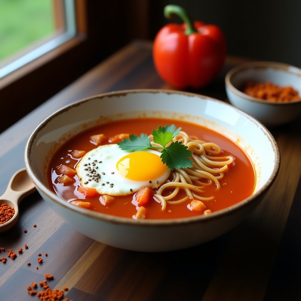 Sopa de Fideos Shakshuka con Huevo Poché: Receta en Olla Express