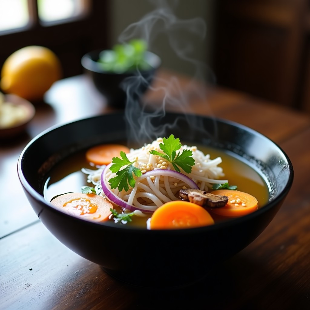Bowl hondo de cerámica negra con sopa de fideos shirataki transparentes en caldo dorado de bone broth, trozos de zanahoria, cebolla morada y champiñones shiitake. Decorada con semillas de sésamo tostadas, cilantro fresco y una rodaja de jengibre. Fondo de madera oscura con luz natural.