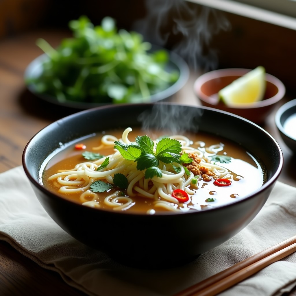 Bowl hondo de cerámica oscura con sopa de fideos shirataki en caldo pho vegano keto, decorada con hierbas frescas (cilantro, menta y albahaca tailandesa), brotes de soja, rodajas de chile rojo y limón. Vapor ascendente y aceite de sésamo tostado brillando en la superficie.