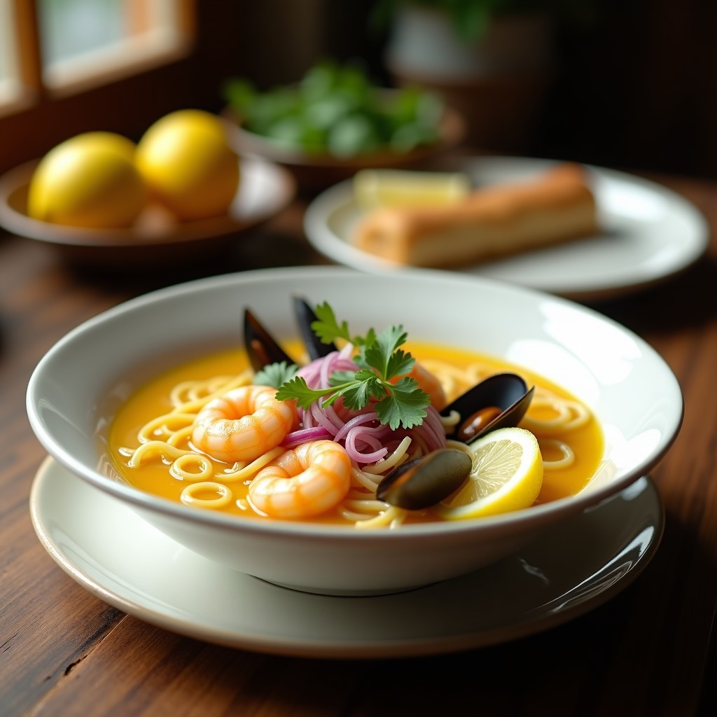 Cuenco hondo de cerámica blanca con sopa humeante de fideos shirataki transparentes, gambas rosadas y mejillones, bañados en un caldo amarillo dorado con trozos de cebolla morada y cilantro fresco. Rodaja de limón al lado sobre una mesa de madera rústica.