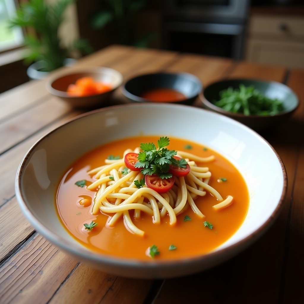 Bowl de cerámica blanca con sopa humeante de fideos de shirataki transparentes, hongos ostra dorados y algas wakame en caldo de miso espeso, decorada con semillas de sésamo negro y cebollino picado. Receta keto en olla exprés.