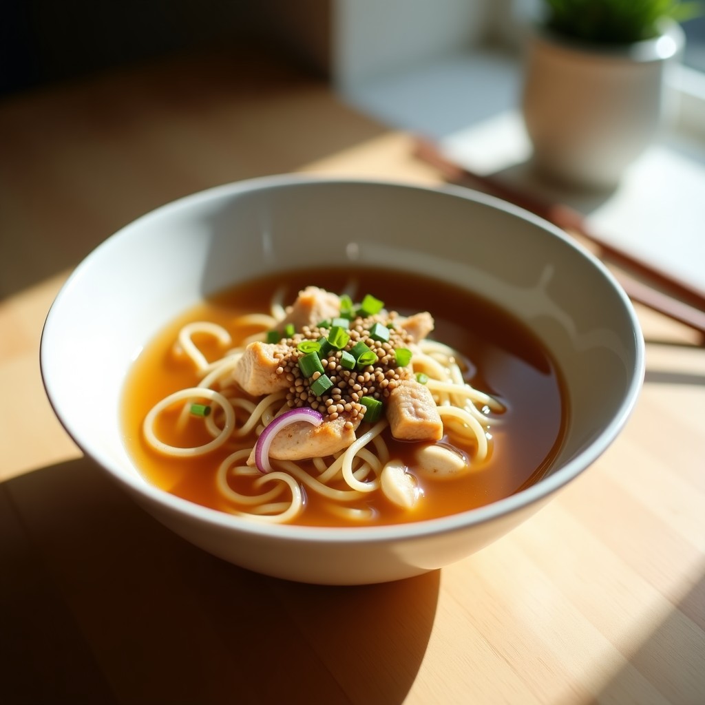 Bowl blanco hondo con sopa de fideos shirataki transparentes, trozos de pollo teriyaki dorado, cebolla morada, semillas de sésamo y cebollino fresco. Plato keto y sin gluten con fondo de madera clara.