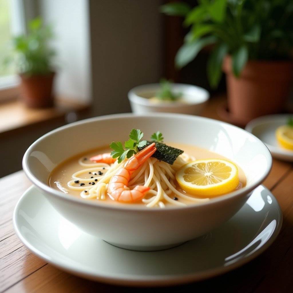 Plato hondo blanco con sopa humeante de fideos Shirataki translúcidos, camarones rosados, tiras de pimiento rojo y cebolla morada, decorada con cilantro fresco y rodajas de limón. Receta keto en olla express ultra ligera.